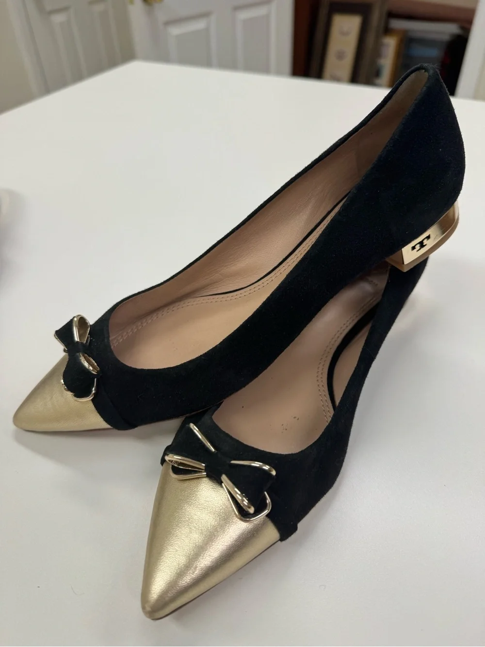 Tory Burch Black Suede Pumps with Gold Pointed Toe & Bow